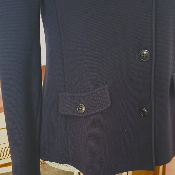 Talbots Navy Nehru Sweater Jacket P with Front Button Pockets Stretch - Picture 4 of 8
